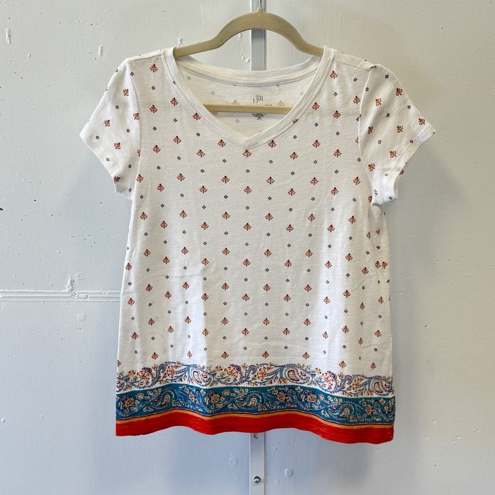 J. Jill Pima Cotton Cap Sleeve V-Neck Tee XS Petite Paisley Border Print Western